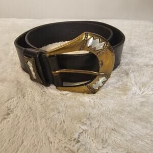 Ann Taylor Black Leather Belt | Gold Buckle w/ Mother-of-Pearl Inlay | Size M